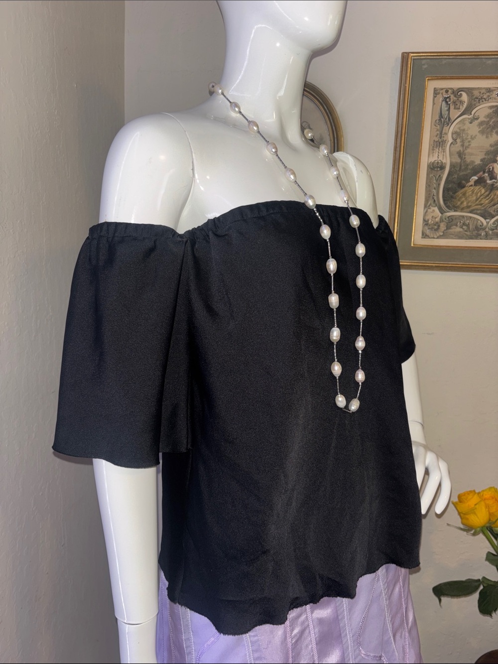 RACHEL Rachel Roy Black Off-Shoulder Flutter Sleeve Top